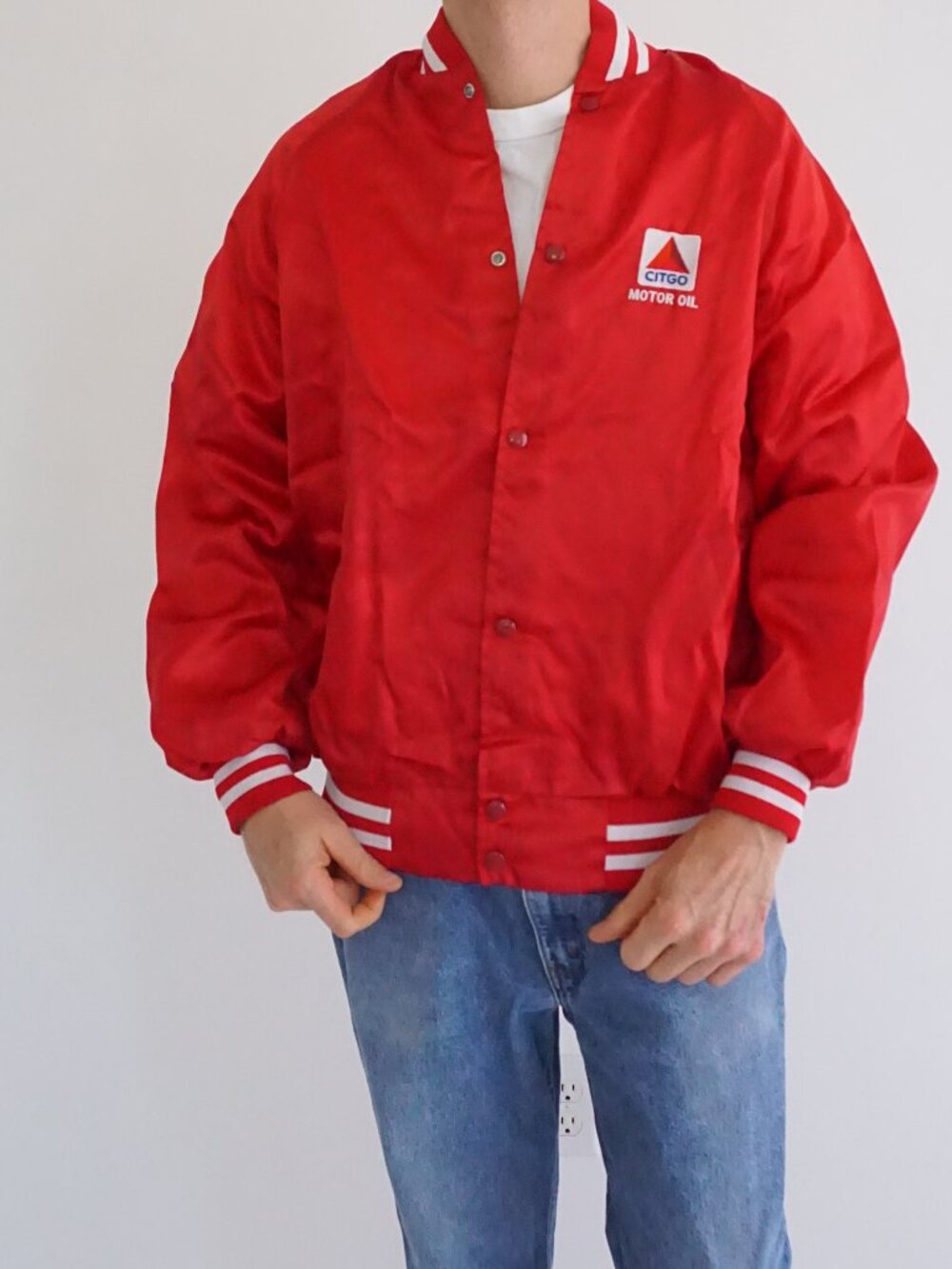 Vintage West Ark Red White CITGO Motor Oil Racing Striped Satin Varsity Jacket L